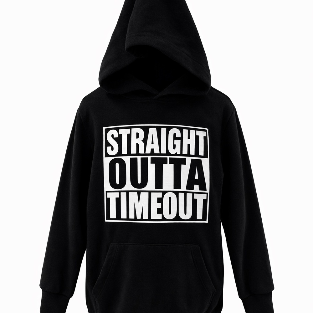 Straight Outta Timeout” Boys Hoodie | Size 4T | Black Graphic Sweatshirt